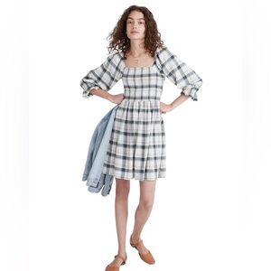 Madewell Plaid Smocked Long Sleeve Square Neck Cottagecore Midi Dress Size XS